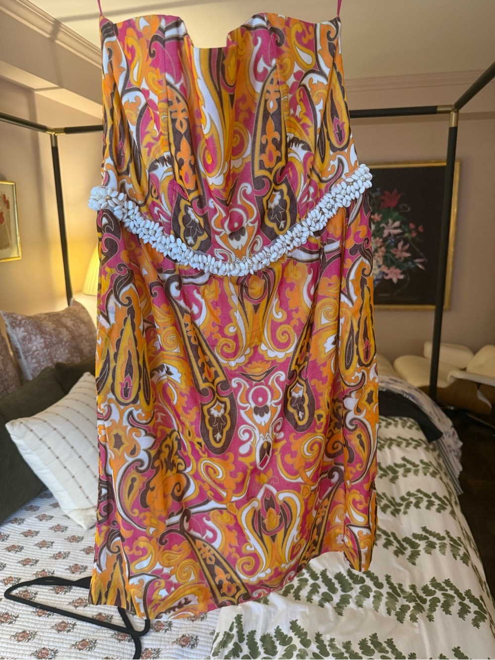 Milly Strapless Paisley Mini Dress in Pink, Orange and Brown with Beaded Waist
